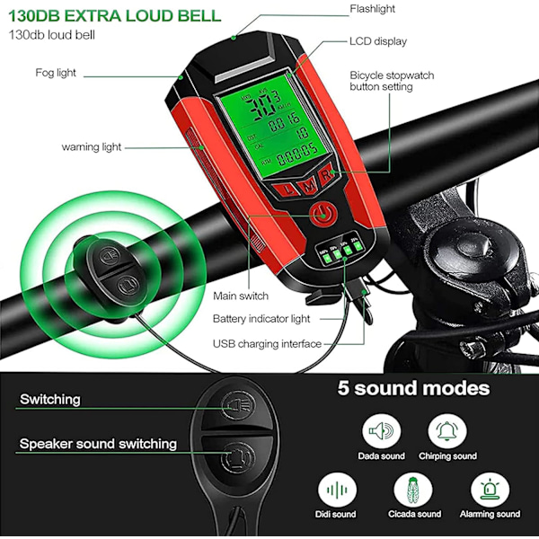 Cykellampa Kraftfulla Cykellampor - USB Laddningsbara Cykellampor Cykelstrålkastare med LED-Display 5 Lägen Stöldskydd och Vattentät Fram och Bak