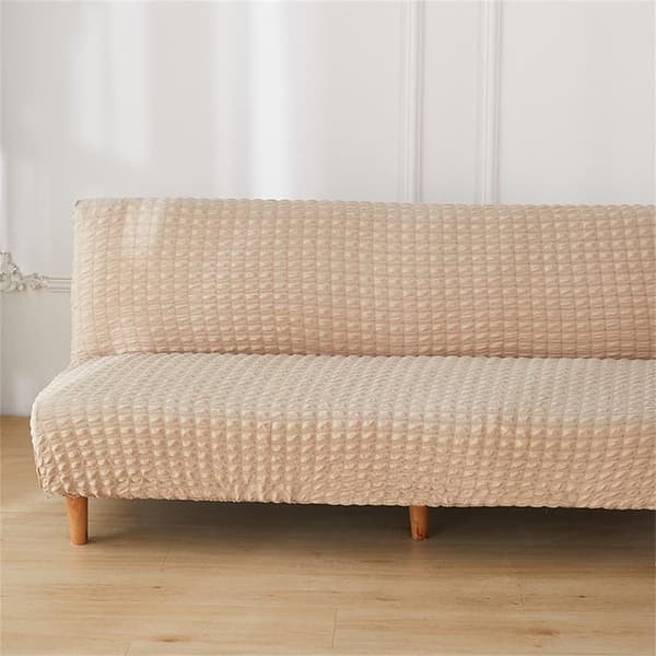 (Beige, 3-sits) Elastiskt armlöst sofföverdrag 2/3-sits soffa, Seersucker bäddsofföverdrag Universellt heltäckande vikbart soffskydd
