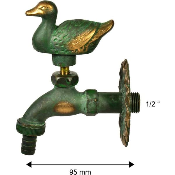 Antique Style Garden Tap - 1 Unit - Patinated Brass - Duck-shaped Handle and Wall Socket - P