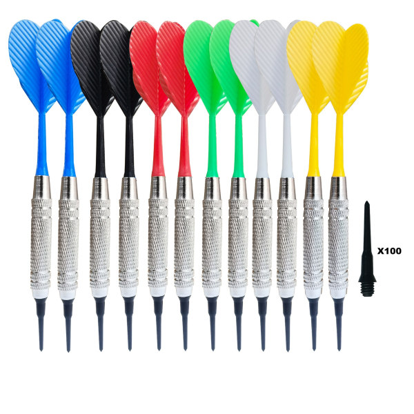 2 sorte, hvide, røde, gule, blå og grønne hver plastspidspile, sæt med 12 dartpile til elektronisk mål inkluderer 100 spidser til dart og fjer