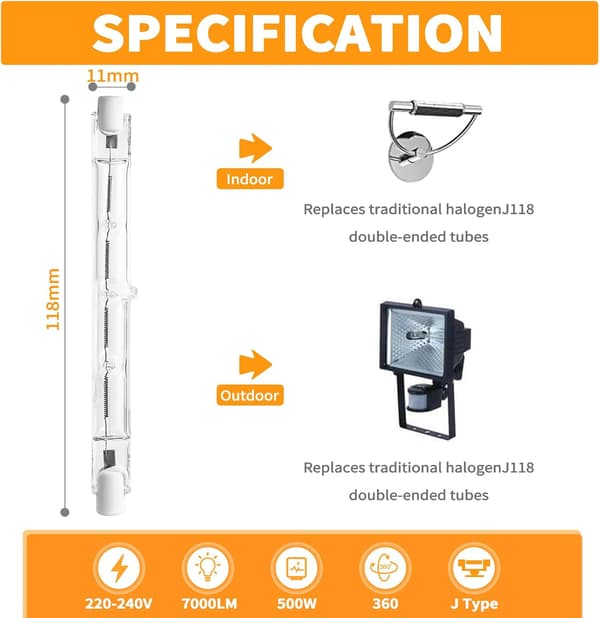 8-pack R7s Halogen Bulb, R7s 118mm 500w Halogen Bulb for Home, Workplace Lighting, Floor Lamp etc.