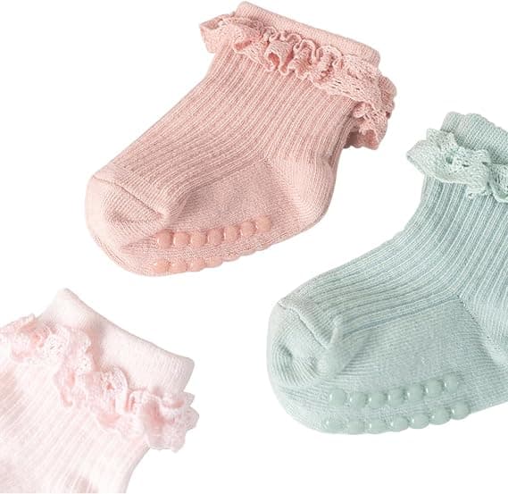 Nyfödd halkfria vår- och höststrumpor i bomull med spets, 0-6 månader, flicka, vit+rosa+grön