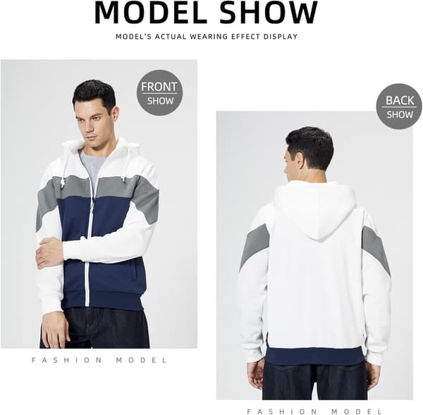 Fleece hettegenser for menn, uformell hettegenser med kontrastfarge og kengurulomme Hvit S White S
