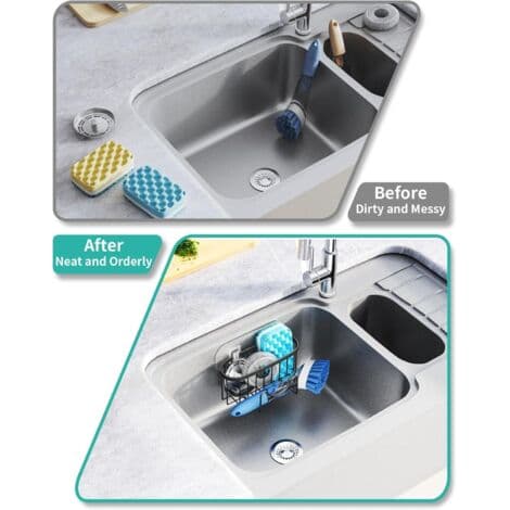Unique M-shaped multifunctional sponge holder, 2 installation methods for sink, rust-resistant stainless steel sponge caddy for brushes