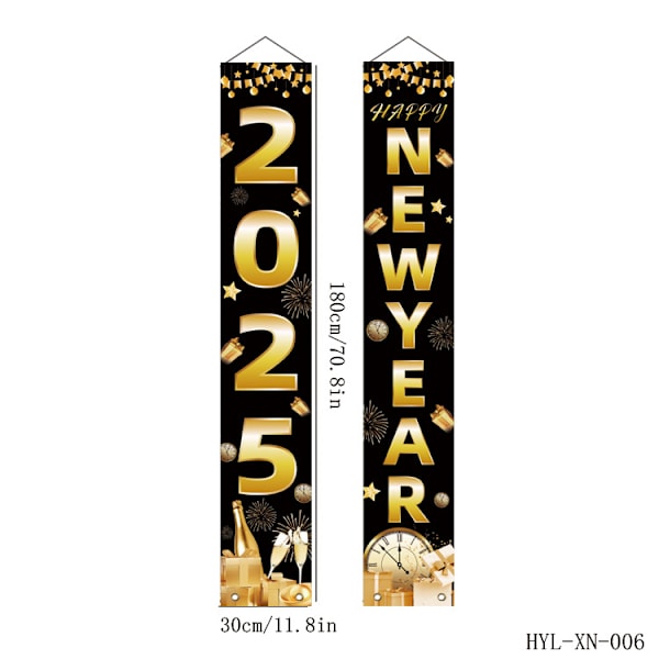 Svart Happy New Year Dörrskylt Banner, vid ingången till ditt nyårsdörr, över ditt hus, uteplats, fönster