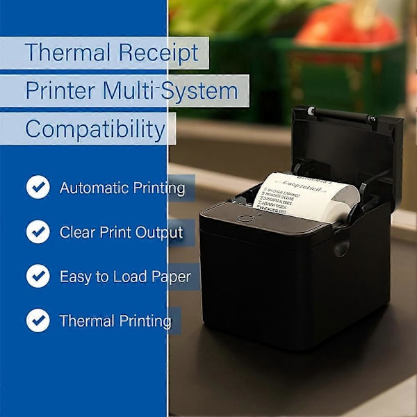 Termisk kvitteringsprinter, høj hastighed 90 mm/s, USB/BT-forbindelse, ESC/POS-kompatibel, til //IOS/Android EU-stik