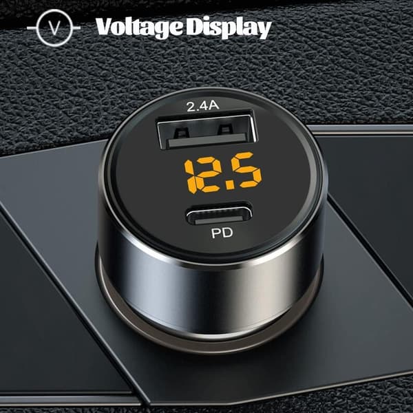 30W USB-C Biloplader, Mini 2.4A USB-adapter med LED-spændingsdisplay, Bilopladeradapter