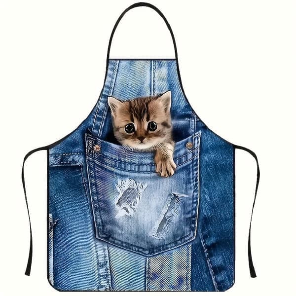 Sleeveless Apron with Adjustable Straps, 3D Cute Cat Print, 60x80cm Kitchen Gardening Grilling – Light Blue