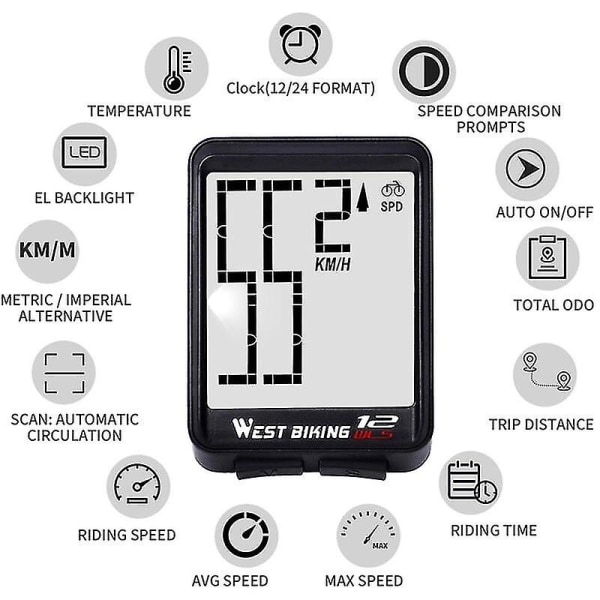 Trådløs Sykkelcomputer Stor Digital Sykkelcomputer Odomometer Hastighetsmåler Sykkeltermometer Vanntett Hastighet Avstand Tid Måling Med LCD-Baklys