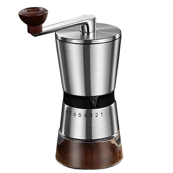 Manuel kaffekværn med justerbar keramisk kværn, otte præcisionsindstillinger, træhåndtag, glaskammer