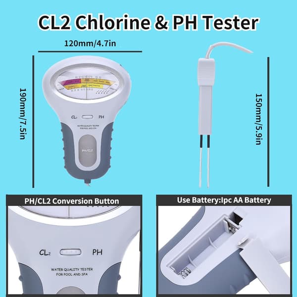 Klor- og pH CL2-tester, Multifunktionel LCD Digital Tester, Klorindholdstester med Sonde, til Pool og Spa