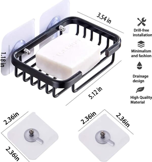 Soap Dish - Self-Adhesive Wall Mounted Soap Dish - Black - No Drilling Required