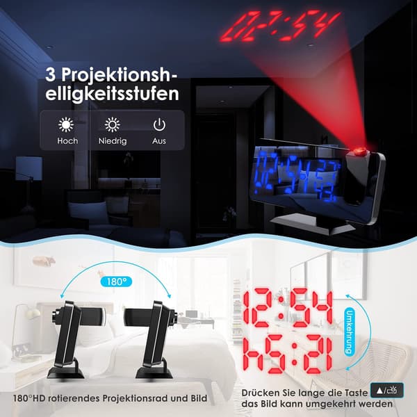 Digitaalinen herätyskello radiolla ja näytön valoprojektiolla