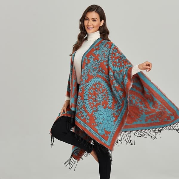 Sjal med fransad fåll Pashmina Vinter Varm Etnisk Stil Poncho Öppen Front Cape för Dam