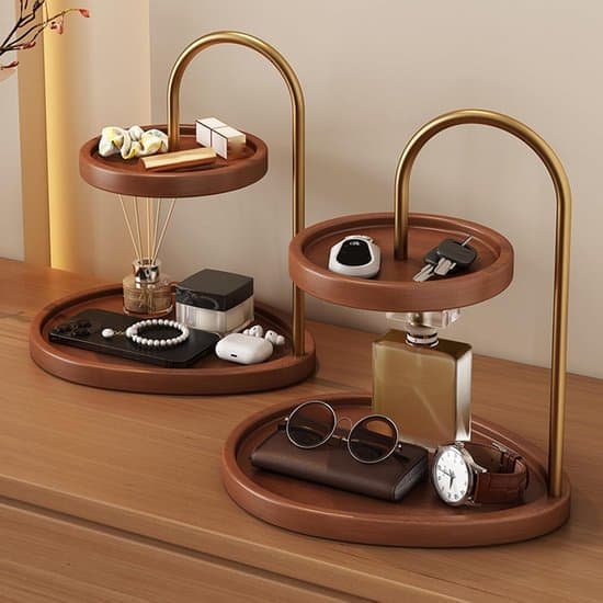 2-tier Wooden Jewelry Organizer and Display Stand for Jewelry, Fruit, Snacks, Cakes, and Tableware, Space-Saving Design