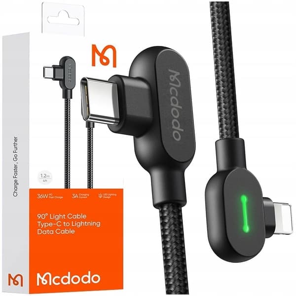 MCDODO 90° bøyningsvinkel datakabel, USB-C vendbart Lightning-grensesnitt, iPhone 13/14 LED, 1 meter