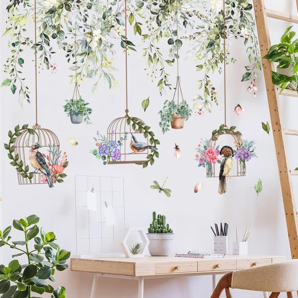 Väggdekaler Blommor och Fåglar Väggdekaler Växter Gröna Blad Deko Dekaler Badrum Vardagsrum Sovrum Barn