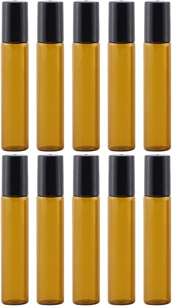 10 ml eterisk olja rollerflaskor i glas, set om 10 med svarta plastlock och kulor i rostfritt stål