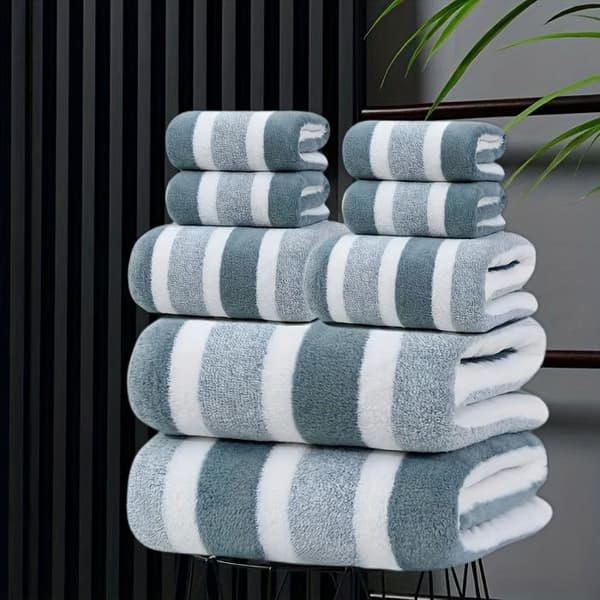 8-piece set: Two-tone striped bath towel - lint-free, highly absorbent and ultra-soft - grey
