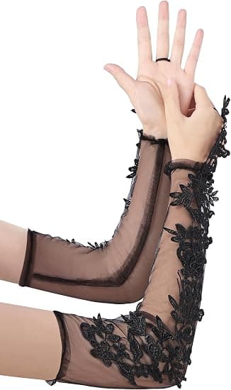 Blondehandsker til kvinder - Lange mesh tylhandsker fingerløse bryllupsopera brudehandsker flapper tilbehør til brude, sort