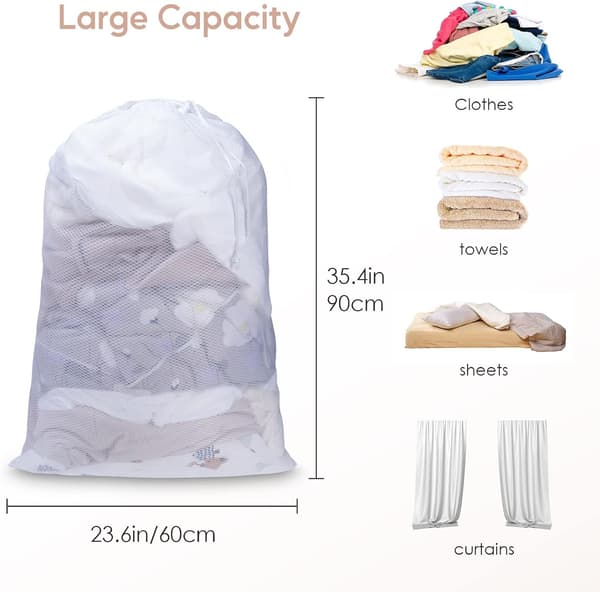 Large Laundry Mesh Bags, Heavy Duty Drawstring Laundry Net Bags, Hamper Liner, Machine Washable, White, Set of Two.