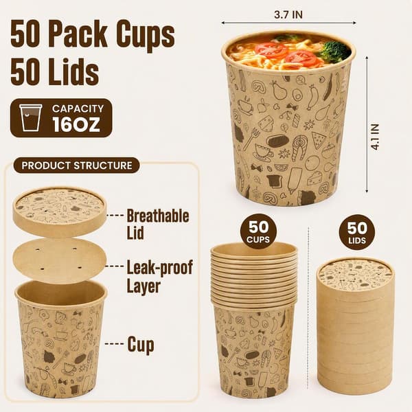 50-pak 16 oz papir suppebeholdere med låg 16oz size_name 16oz