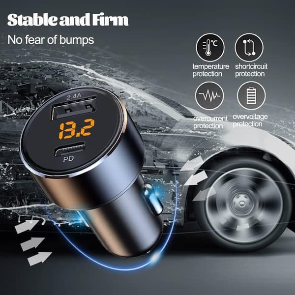 30W USB-C Biloplader, Mini 2.4A USB-adapter med LED-spændingsdisplay, Bilopladeradapter
