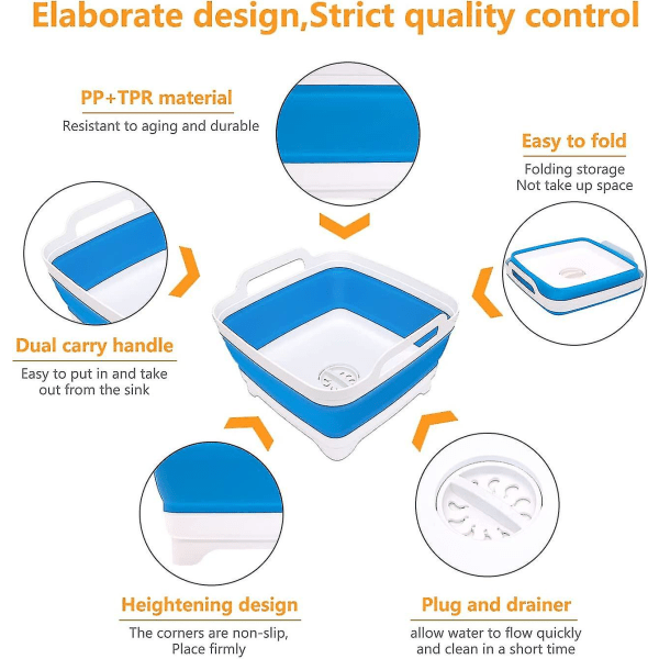 2,4 Gal (9L) Hopfällbar Diskbänk med Avloppsplugg, Platsbesparande Fällbar Utesänk, Diskbäcken, Köksförvaringsbricka Kompatibel med Cam