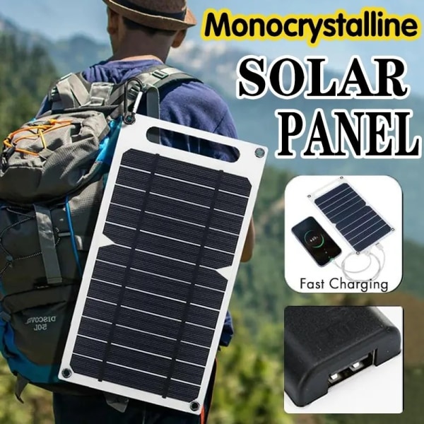 Bærbar solcelleoplader med 10 watt effekt | Miljøvenlig opladning med solenergi på farten | Ultralet og vandtæt | USB