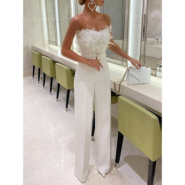 Jumpsuit til kvinder Lang Jumpsuit Stropløs Skrå Hals Fjer Tube Top Sexy PartyLhvid white L