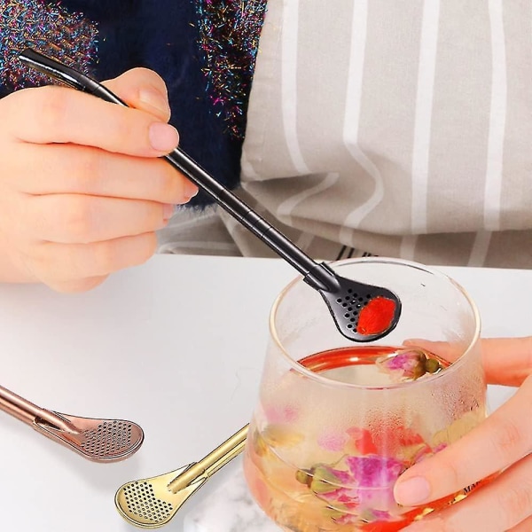 2 stk Avtakbare Rustfrie Stål Straw Filter Sked Med 2 Rengjøringsbørster, Gjenbrukbar Straw Sked Cocktail Rører For Drikking Te, Iskaffe, Svart