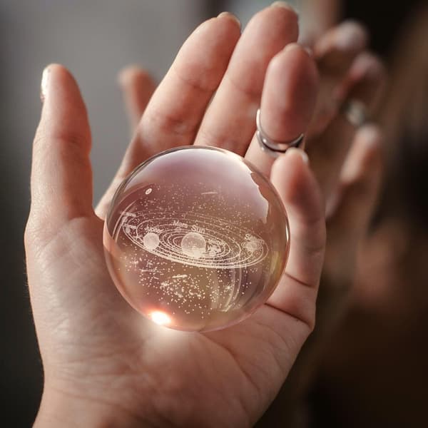 3D Crystal Ball Night Light Solar System - Holographic LED Glass Lamp, USB Powered, Adjustable Brightness, 6 cm
