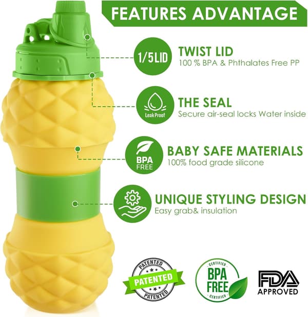 Silicone Collapsible Water Bottle - Foldable Portable BPA-Free Leak-Proof Drinking Bottle for Kids and Camping