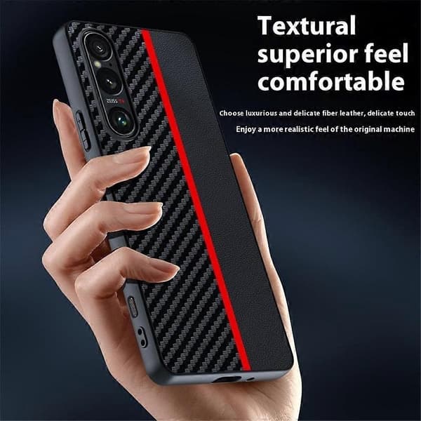 Til Sony Xperia 1 VII Cover Læder + PC Hårdt Telefoncover Kulfibertekstur - Sort Blå