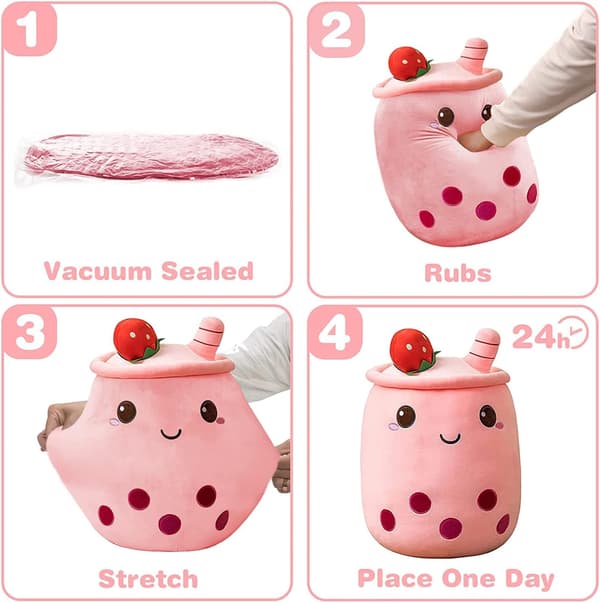 Soft Plush Doll with Milk Tea, (Pink, 35 cm)