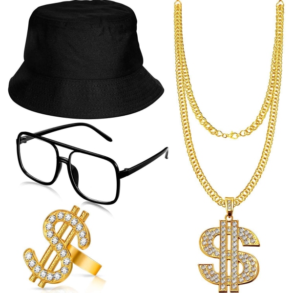 Hip Hop Kostume Kit 80'erne/90'erne Rapper Tilbehør Bucket Hat Solbriller Guld Kæde Ring Outfit til mænd Kvinder