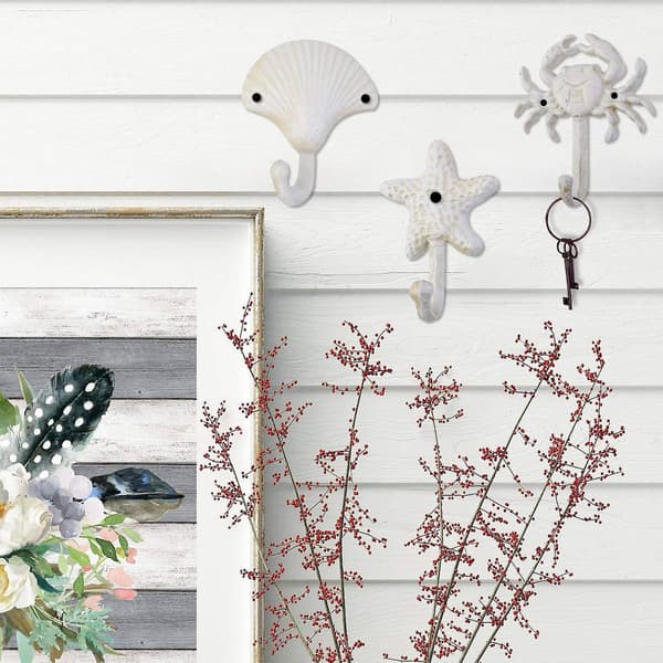 Decorative Iron Wall Hooks for Jackets, Hats, and Towels, Beach and Ocean Theme, Elegant Metal Hooks [DB] White white