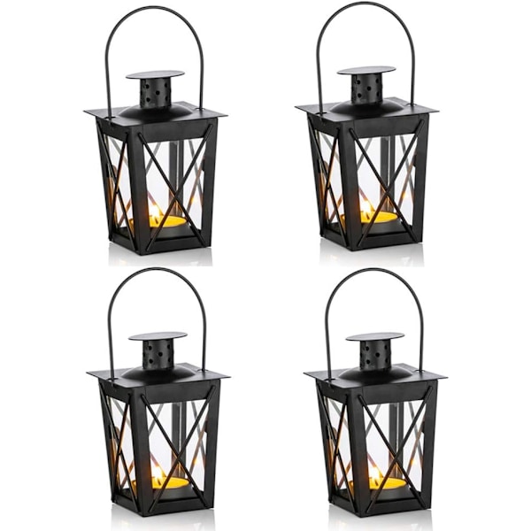 4 stk. Lanterner til Lys, Vintage Sort Metal Mini Dekorative Lyslygter Fyrfadsstage & LED Fyrfadsstage Dekoration