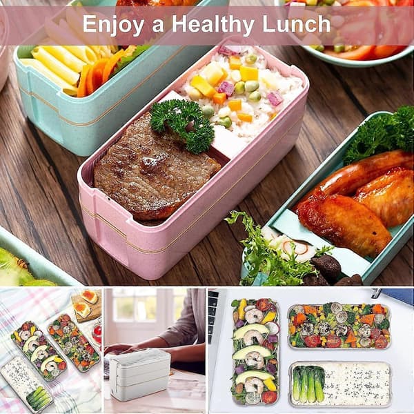 3-layer lunch box with compartments, spoon and fork, stackable container 900 ml, food storage box (Green)