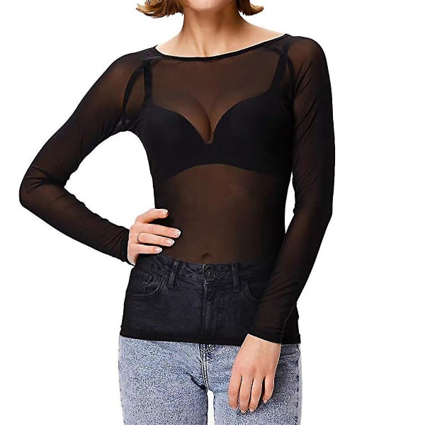 Kvinnors Genomskinlig Långärmad Sömlös Armformare Topp Mesh Skjorta BlusLBlack Black L