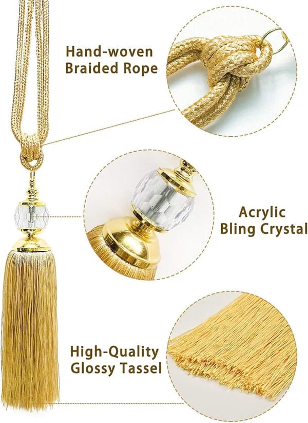 2-pack Gold Curtain Tiebacks, Tassel Curtain Tiebacks Gold Crystal