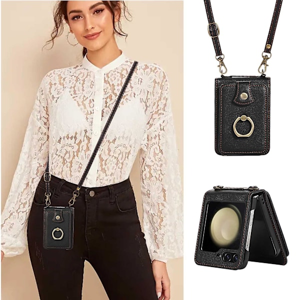 Til Samsung Galaxy Z Flip 6 Crossbody Wallet Case, Crossbody Skulderrem Ring Stativ RFID Kreditkortsholder Læderetui