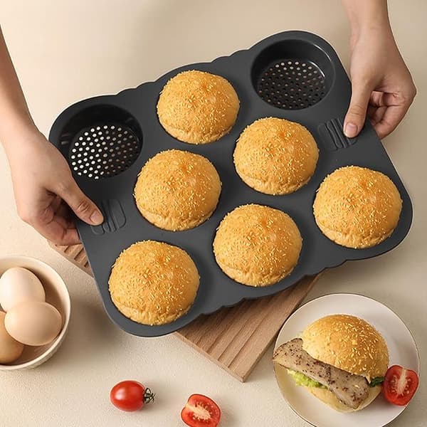 Fockety 8+4 Hull Hamburgerbrød Silikonform, Perforert Nonstick Hamburgerbrødform Rund Bakeplate med Holder Brødbaker for Baking