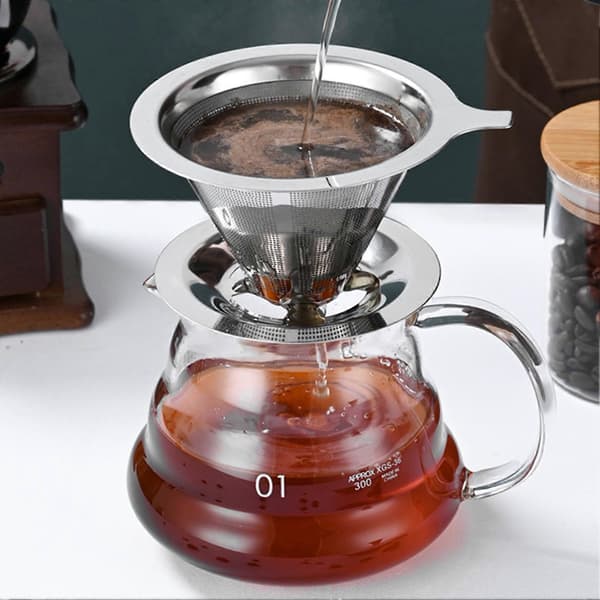 Kaffefilter i rustfrit stål, Pour Over, genanvendeligt, papirløst, kaffekonfilter til hjemmet sølv