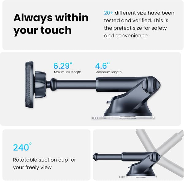 Magnetic Car Phone Holder, Car Phone Mount, Universal for Windshield and Dashboard, with Suction Cup, Adjustable, 6 Powerful Magnets