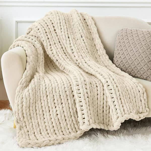 st Chunky Garn Chenille til Håndstrikning af Tæpper, Superblødt Stort Jumbo Tæppegarn (Beige)
