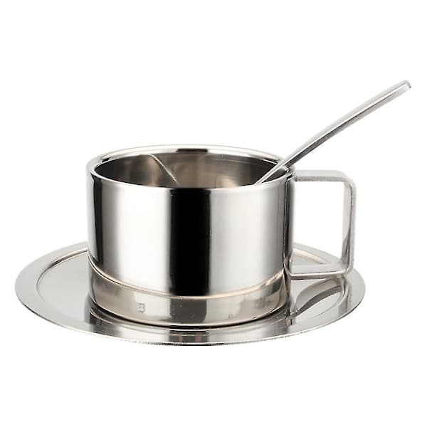 Sæt med underkop og ske i rustfrit stål, dobbeltvæggede kaffekopper til café
