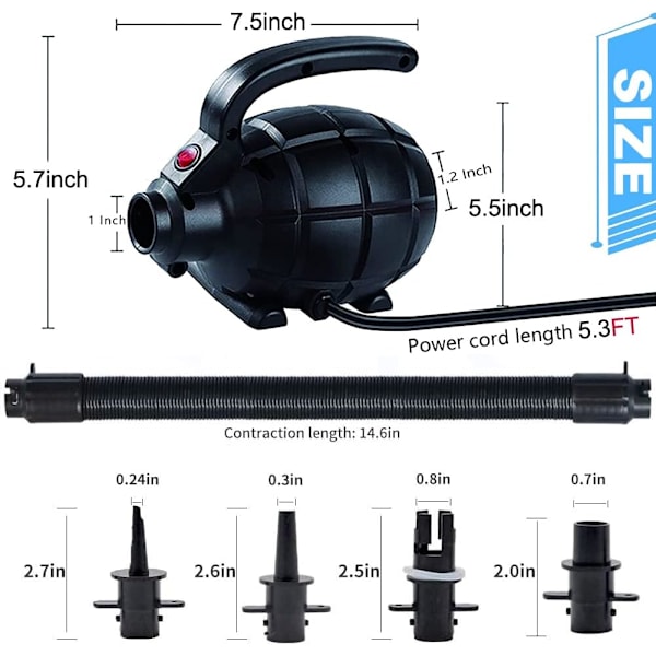 Elektrisk Luftpumpe for Oppblåsbare Lufttumblebane Gymnastikkmatte, Flåte Båt Elektrisk Pumpe med 4 Dyser (AC 110-120V (600W))