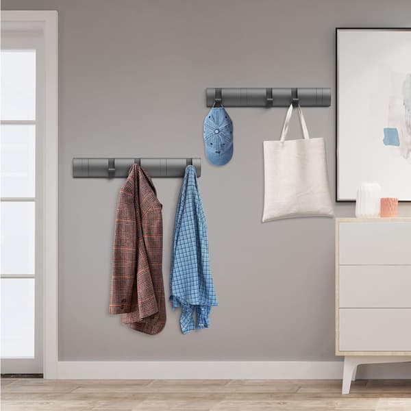 2 stk. vægmonterede knagerækker i metal med 5 foldbare kroge, aluminiumsvæg