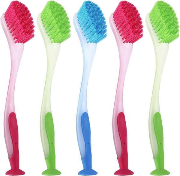 5 Pieces Long Handle Dish Brush, Mixed Colors, Dish Brush with Suction Cup, Multifunctional Scrubbing Tool for Kitchen, Toilet, etc.